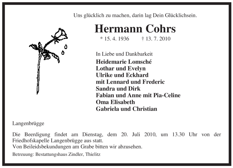  Traueranzeige für Hermann Cohrs vom 16.07.2010 aus ALLGEMEINE ZEITUNG UELZEN