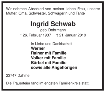 Traueranzeige von Ingrid Schwarb von ALLGEMEINE ZEITUNG UELZEN