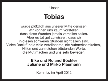 Traueranzeige von Tobias Unbekannt von ALLGEMEINE ZEITUNG UELZEN