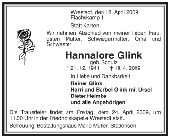 Traueranzeige von Hannelore Glink von ALLGEMEINE ZEITUNG UELZEN