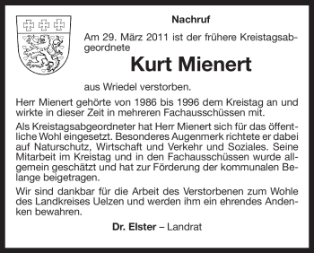 Traueranzeige von Kurt Mienert von ALLGEMEINE ZEITUNG UELZEN