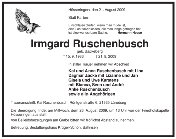 Traueranzeige von Irmgard Ruschenbusch von ALLGEMEINE ZEITUNG UELZEN