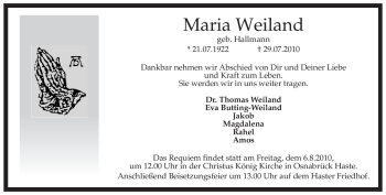 Traueranzeige von Maria Weiland von ALLGEMEINE ZEITUNG UELZEN