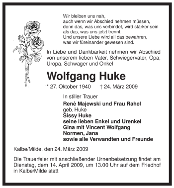 Traueranzeige von Wolfgang Huke von ALLGEMEINE ZEITUNG UELZEN