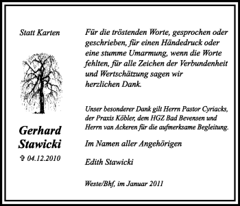Traueranzeige von Gerhard Stawicki von ALLGEMEINE ZEITUNG UELZEN