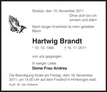 Traueranzeige von Hartwig Brandt von ALLGEMEINE ZEITUNG UELZEN