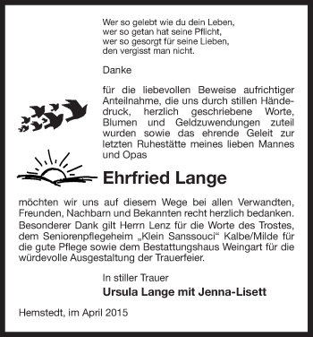 Traueranzeige von Ehrfried Lange von Uelzen