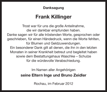 Traueranzeige von Frank Killinger von ALLGEMEINE ZEITUNG UELZEN