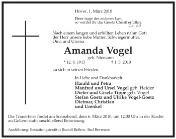 Traueranzeige von Amanda Vogel von ALLGEMEINE ZEITUNG UELZEN