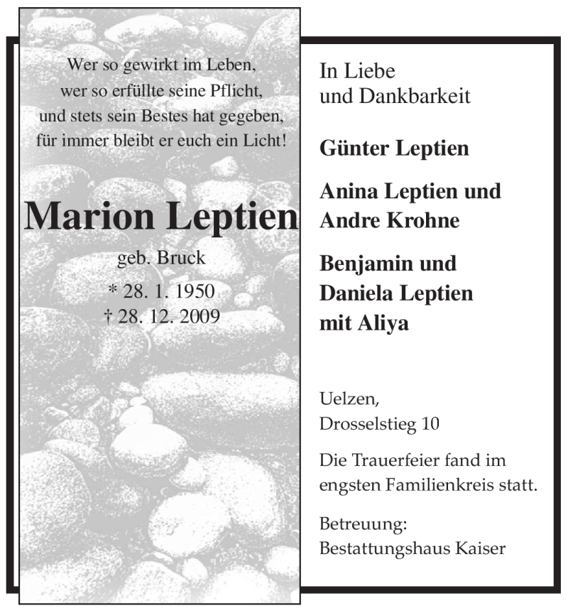  Traueranzeige für Marion Leptien vom 04.01.2010 aus ALLGEMEINE ZEITUNG UELZEN