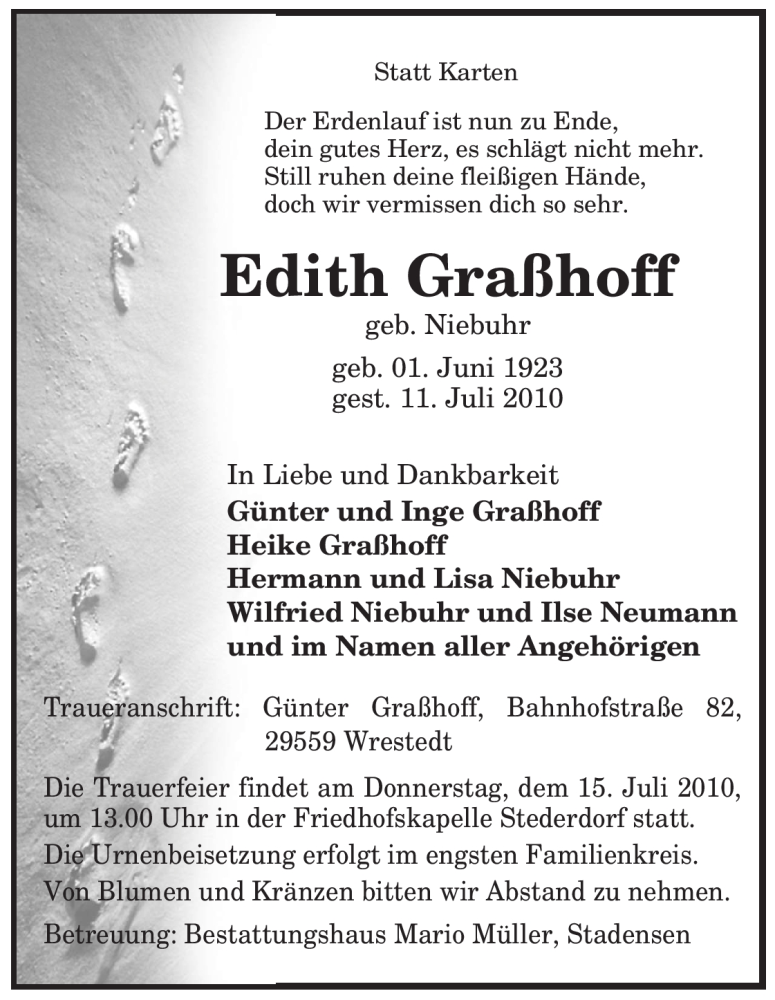  Traueranzeige für Edith Graßhoff vom 13.07.2010 aus ALLGEMEINE ZEITUNG UELZEN