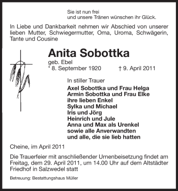 Traueranzeige von Anita Sobottka von ALLGEMEINE ZEITUNG UELZEN