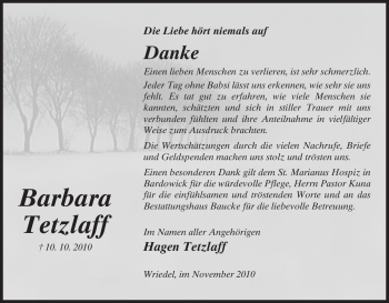 Traueranzeige von Barbara Tetzlaff von ALLGEMEINE ZEITUNG UELZEN