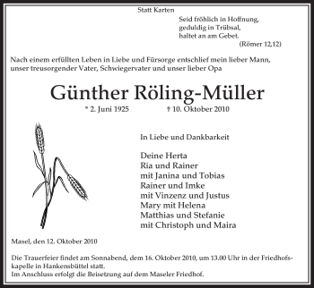 Traueranzeige von Günther Röling-Müller von ALLGEMEINE ZEITUNG UELZEN