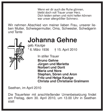 Traueranzeige von Johanna Gehne von ALLGEMEINE ZEITUNG UELZEN