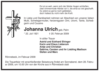 Traueranzeige von Johanna Ulrich von ALLGEMEINE ZEITUNG UELZEN