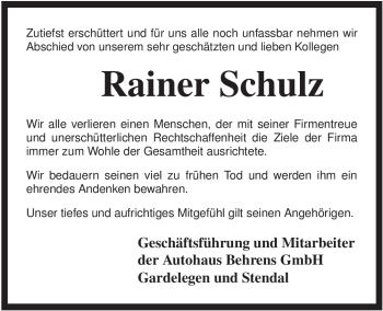 Traueranzeige von Rainer Schulz von ALLGEMEINE ZEITUNG UELZEN