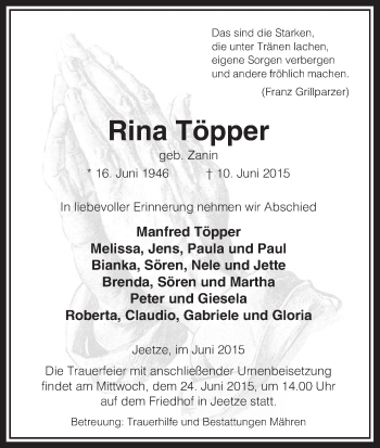 Traueranzeige von Rina Töpper von Uelzen