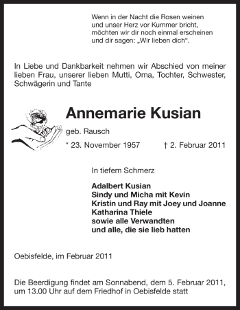 Traueranzeige von Annemarie Kusian von ALLGEMEINE ZEITUNG UELZEN