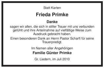 Traueranzeige von Frieda Primke von ALLGEMEINE ZEITUNG UELZEN