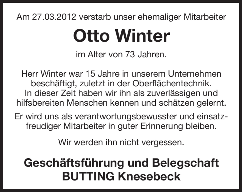  Traueranzeige für Otto Winter vom 31.03.2012 aus ALLGEMEINE ZEITUNG UELZEN