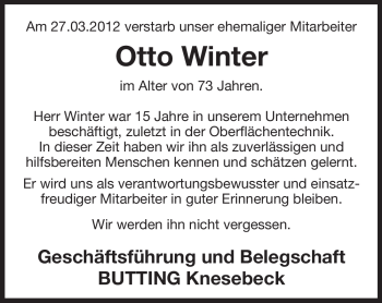 Traueranzeige von Otto Winter von ALLGEMEINE ZEITUNG UELZEN