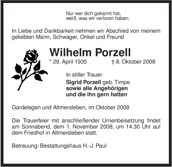 Traueranzeige von Wilhelm Porzell von ALLGEMEINE ZEITUNG UELZEN