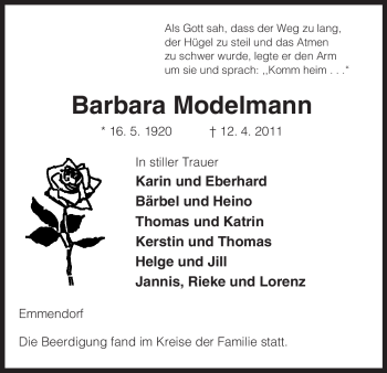 Traueranzeige von Barbara Modelmann von ALLGEMEINE ZEITUNG UELZEN