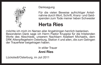 Traueranzeige von Herta Ries von ALLGEMEINE ZEITUNG UELZEN