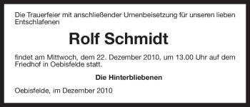 Traueranzeige von Rolf Schmidt von ALLGEMEINE ZEITUNG UELZEN