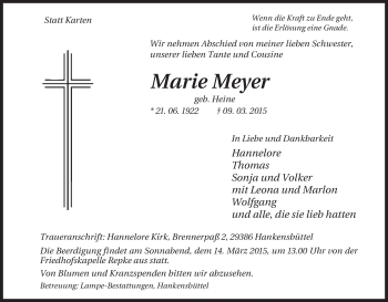 Traueranzeige von Marie Meyer von Uelzen