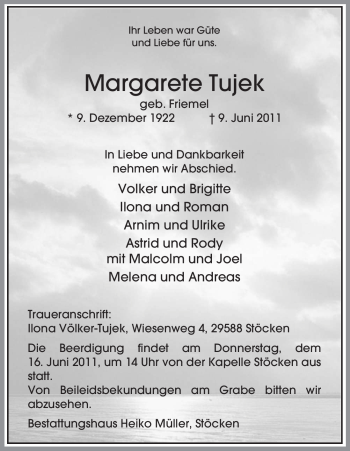 Traueranzeige von Margarete Tujek von ALLGEMEINE ZEITUNG UELZEN