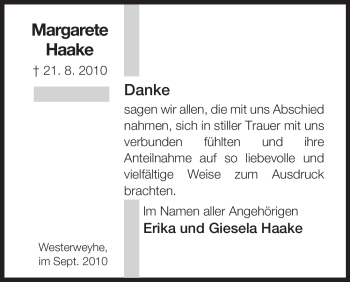 Traueranzeige von Margarete Haake von ALLGEMEINE ZEITUNG UELZEN