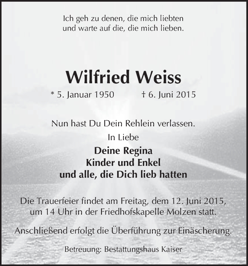  Traueranzeige für Wilfried Weiss vom 10.06.2015 aus Uelzen