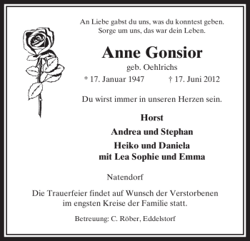 Traueranzeige von Anne Gonsior von ALLGEMEINE ZEITUNG UELZEN