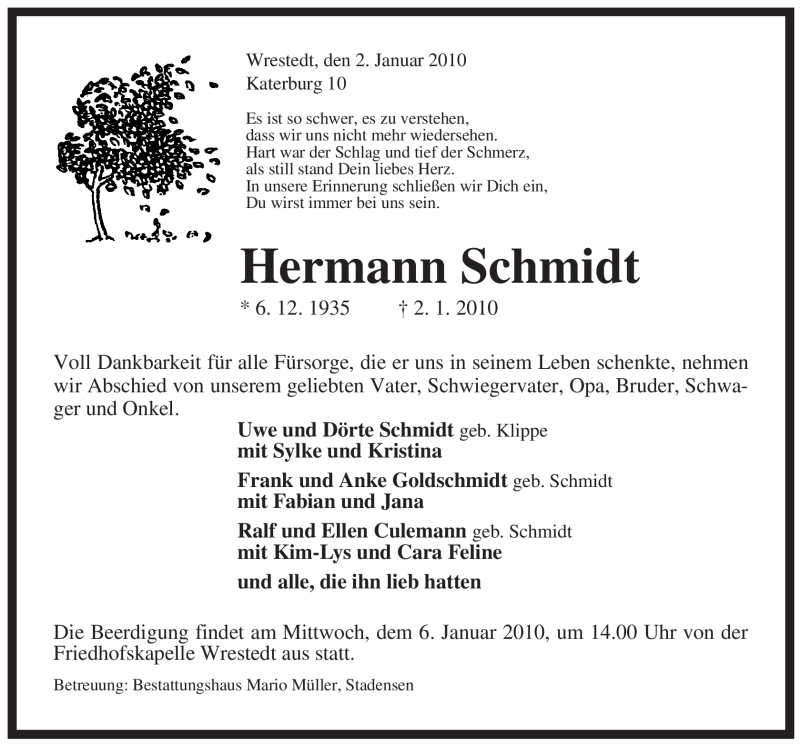  Traueranzeige für Hermann Schmidt vom 04.01.2010 aus ALLGEMEINE ZEITUNG UELZEN