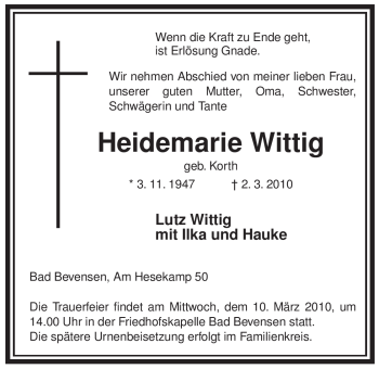 Traueranzeige von Heidemarie Wittig von ALLGEMEINE ZEITUNG UELZEN