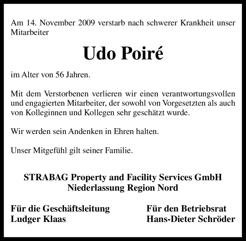  Traueranzeige für Udo Poiré vom 17.11.2009 aus ALLGEMEINE ZEITUNG UELZEN