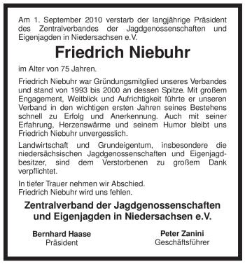 Traueranzeige von Friedrich Niebuhr von ALLGEMEINE ZEITUNG UELZEN