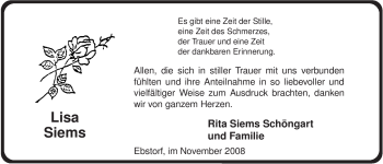 Traueranzeige von Lisa Siems von ALLGEMEINE ZEITUNG UELZEN