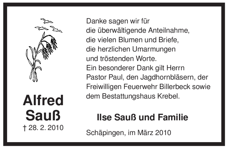  Traueranzeige für Alfred Sauß vom 20.03.2010 aus ALLGEMEINE ZEITUNG UELZEN