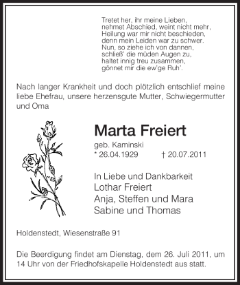 Traueranzeige von Marta Freiert von ALLGEMEINE ZEITUNG UELZEN