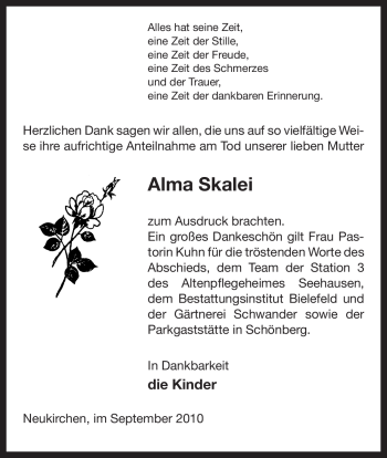 Traueranzeige von Alma Skalei von ALLGEMEINE ZEITUNG UELZEN