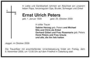 Traueranzeige von Ernst Ulrich Peters von ALLGEMEINE ZEITUNG UELZEN