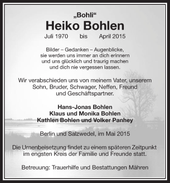 Traueranzeige von Heiko Bohlen von Uelzen