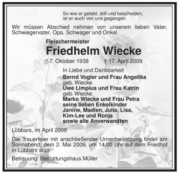 Traueranzeige von Friedhelm Wiecke von ALLGEMEINE ZEITUNG UELZEN