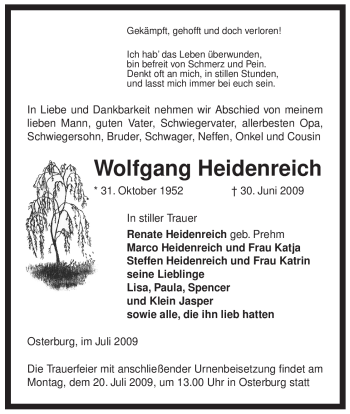 Traueranzeige von Wolfgang Heidenreich von ALLGEMEINE ZEITUNG UELZEN