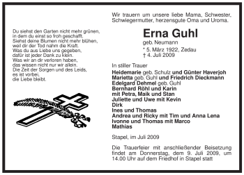 Traueranzeige von Erna Guhl von ALLGEMEINE ZEITUNG UELZEN