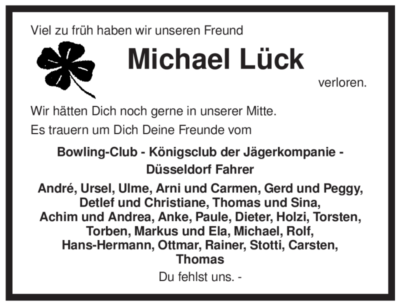  Traueranzeige für Michael Lück vom 16.07.2009 aus ALLGEMEINE ZEITUNG UELZEN