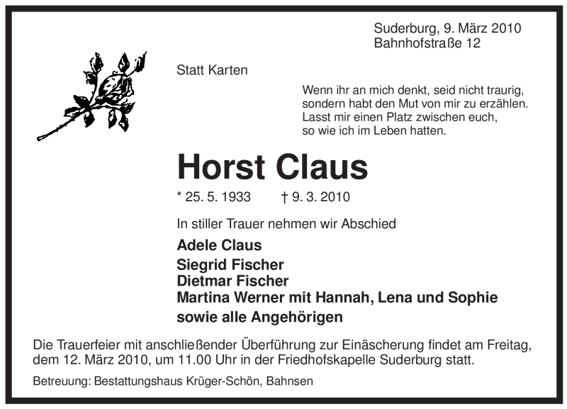  Traueranzeige für Horst Claus vom 10.03.2010 aus ALLGEMEINE ZEITUNG UELZEN